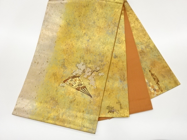  引箔桜に扇・蝶・菊模様織出し袋帯